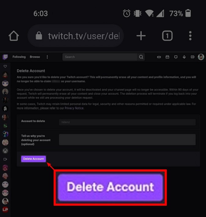 delete account button in twitch mobile