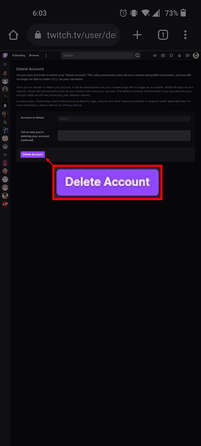 delete account mobile