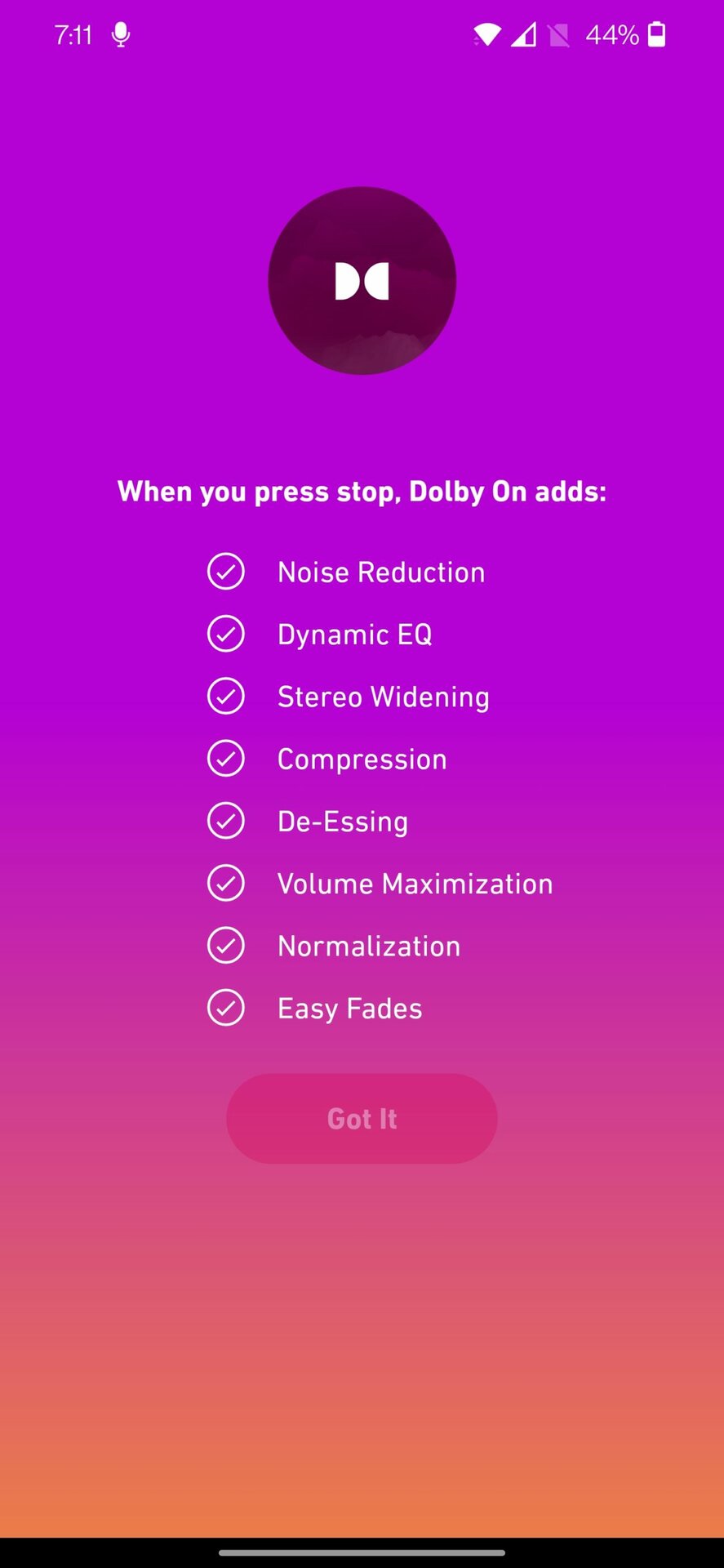 dolby on post processing list after recording