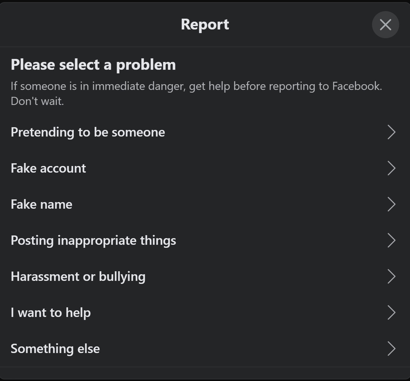 facebook report profile categories