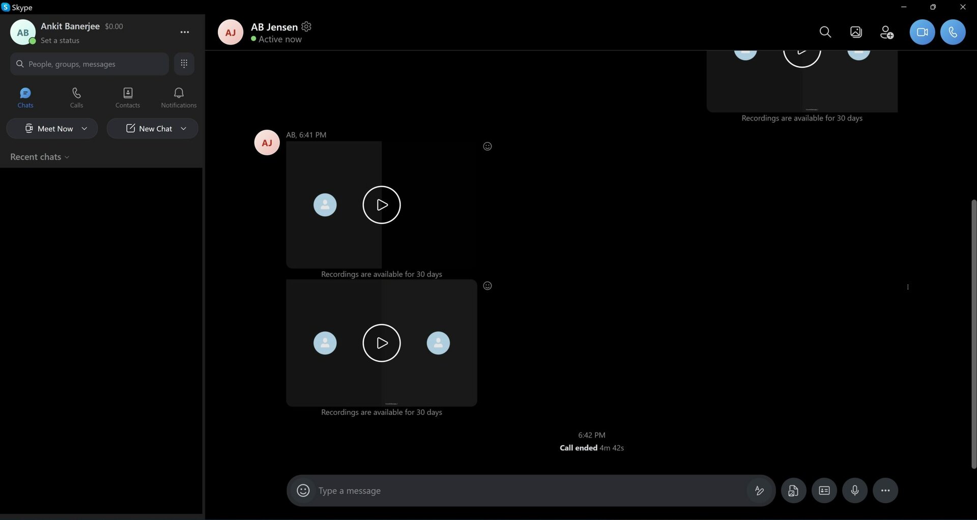 find skype recordings in the chat desktop