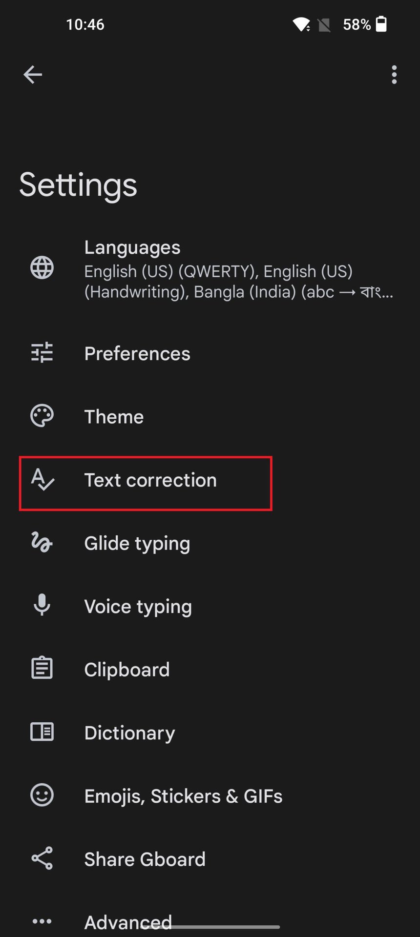 gboard settings text corrections