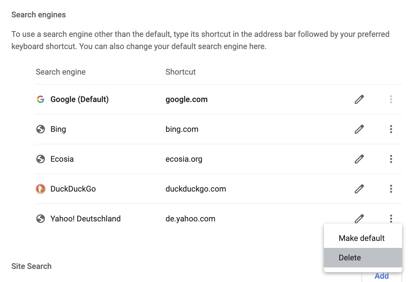 google chrome delete search engines