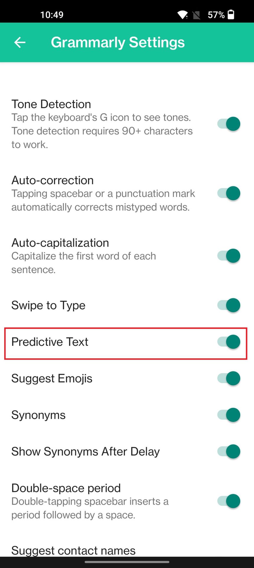 grammarly keyboard turn off predictive text