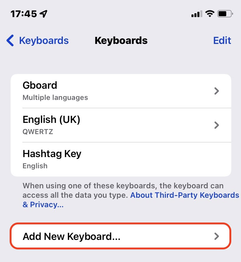 ios add new keyboard