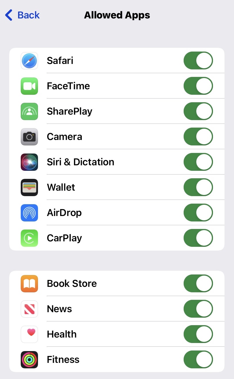 Default ios content restrictions Apple apps