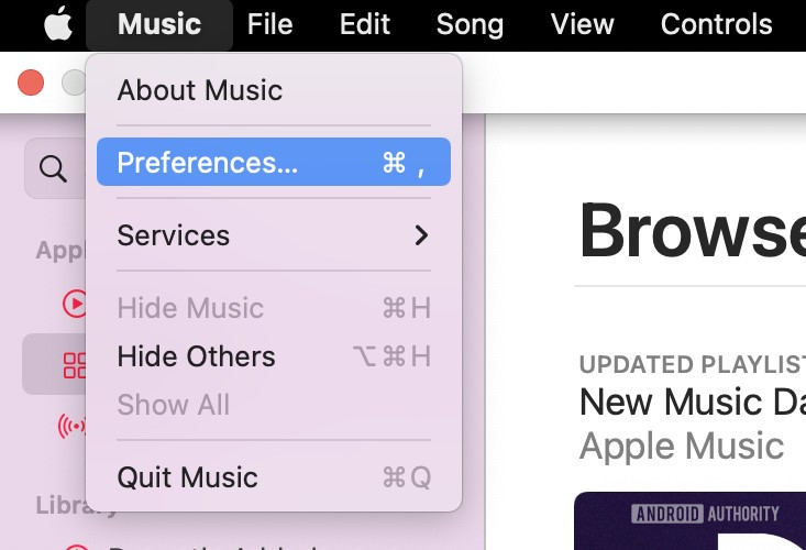 A screenshot of the macOS Apple Music app showing the 'Music' menu open with 'Preferences' highlighted in blue.