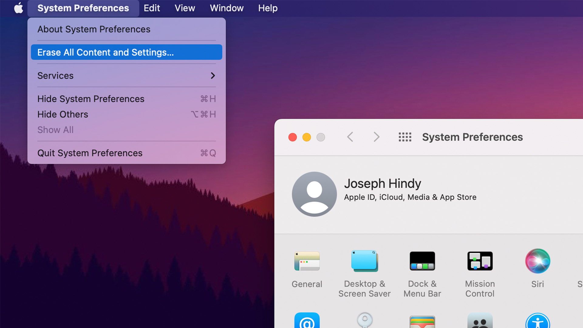 Скриншот macOS «Удалить все содержимое и настройки»