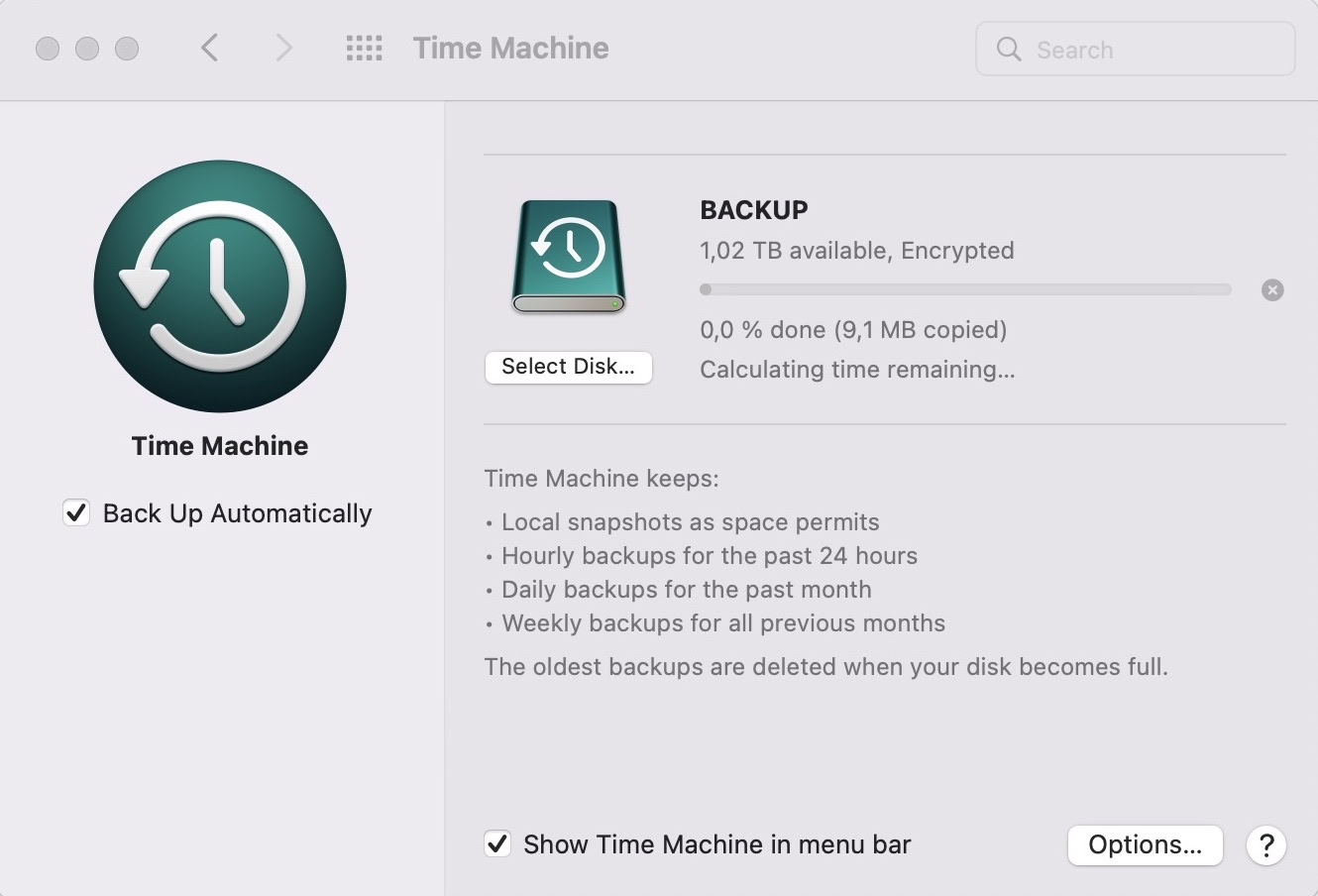 macos time machine backup started