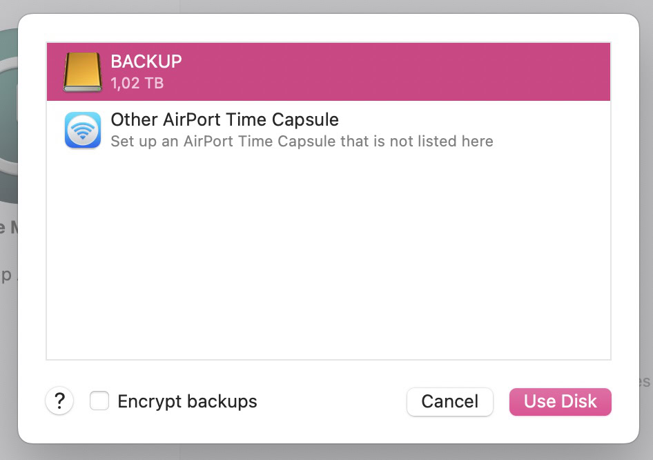 macos time machine select drive