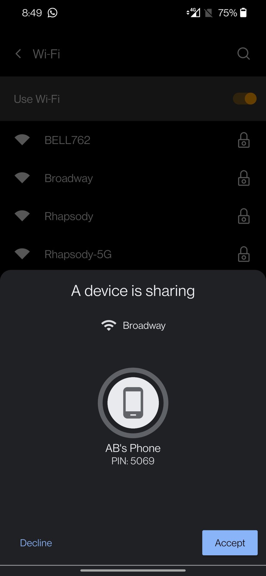 nearby share accept wifi password share request on other phone