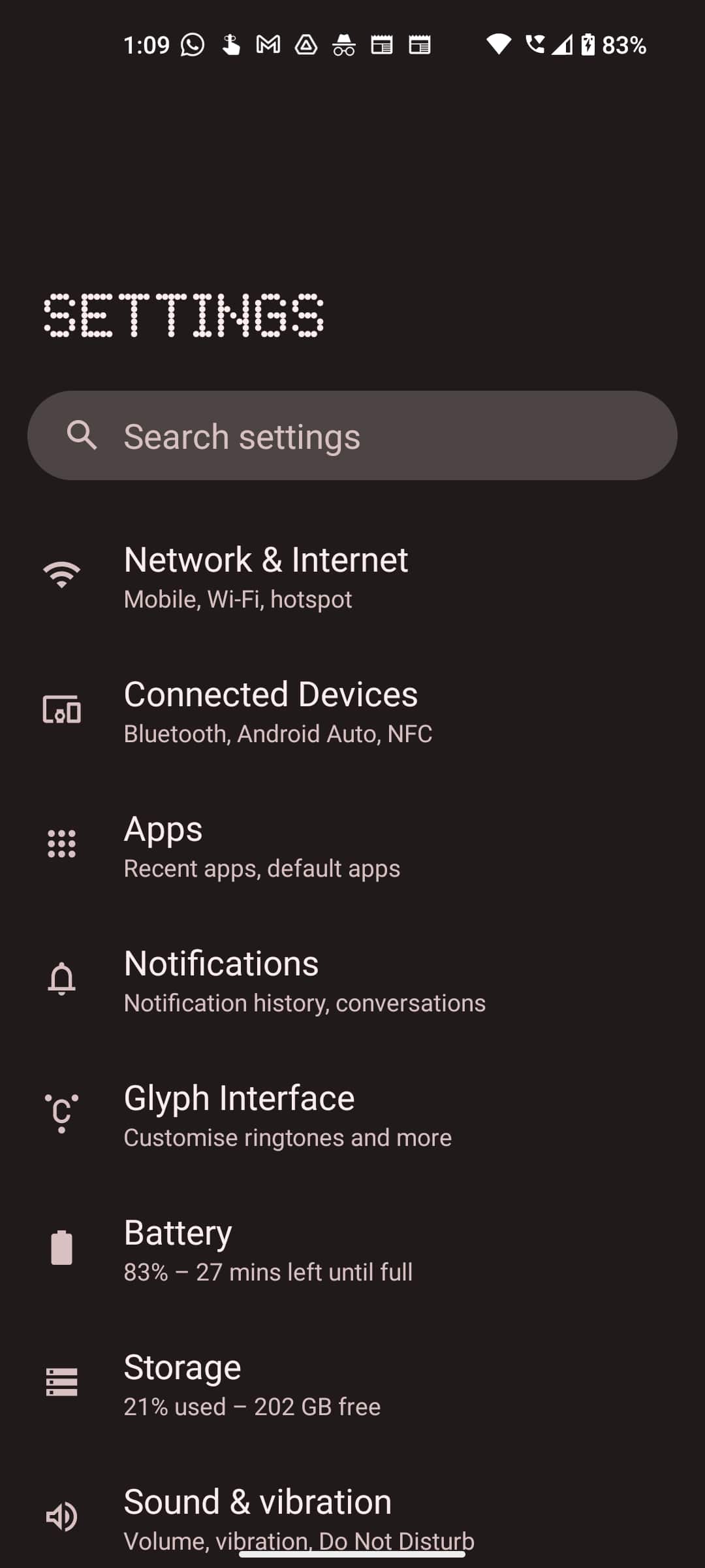 nothing phone 1 settings menu screenshot