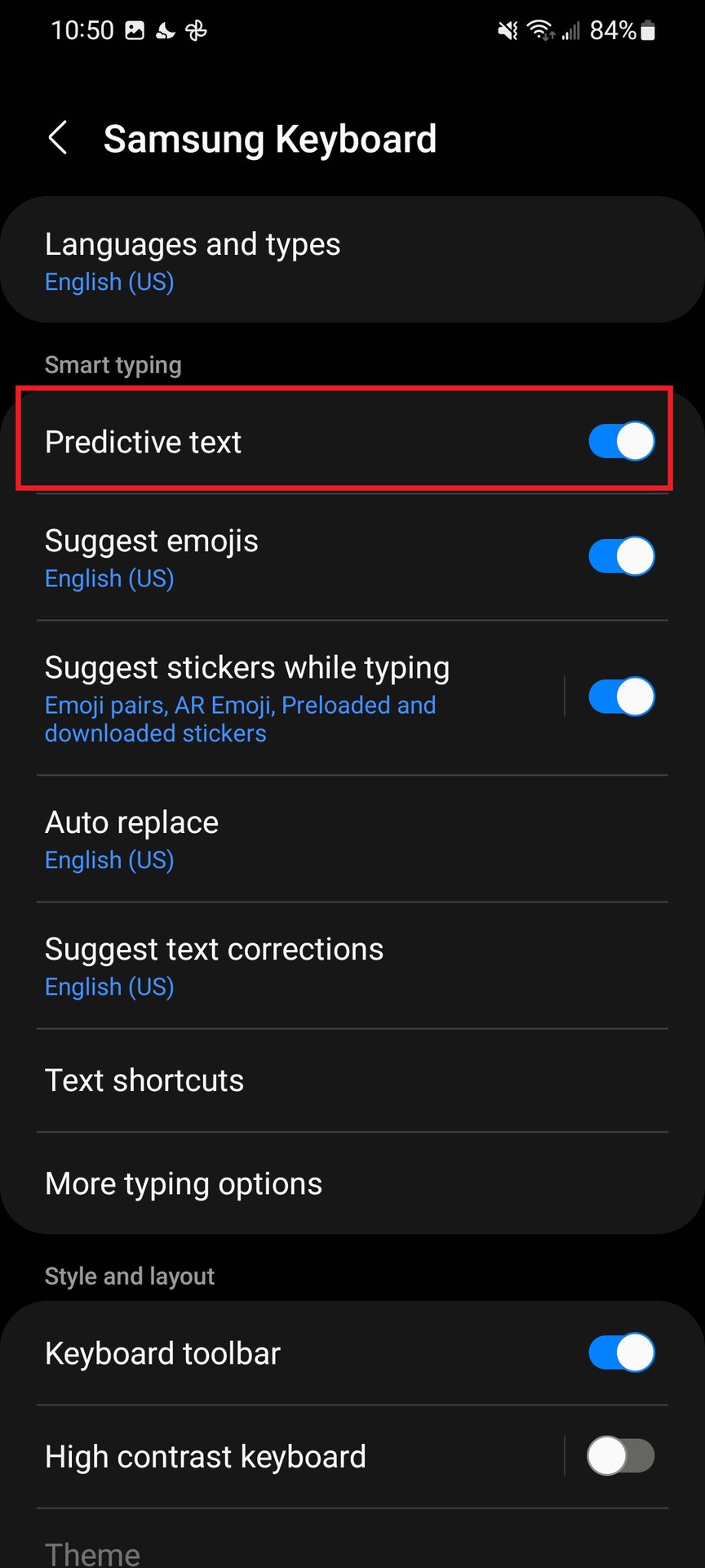 samsung keyboard turn off predictive text