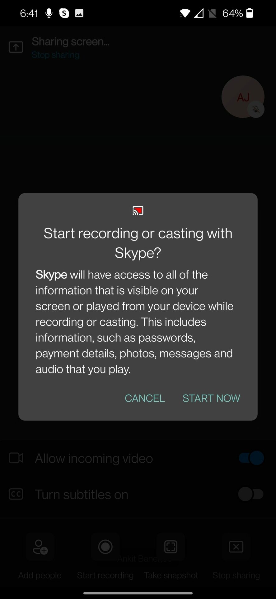 skype permission required to share screen from mobile