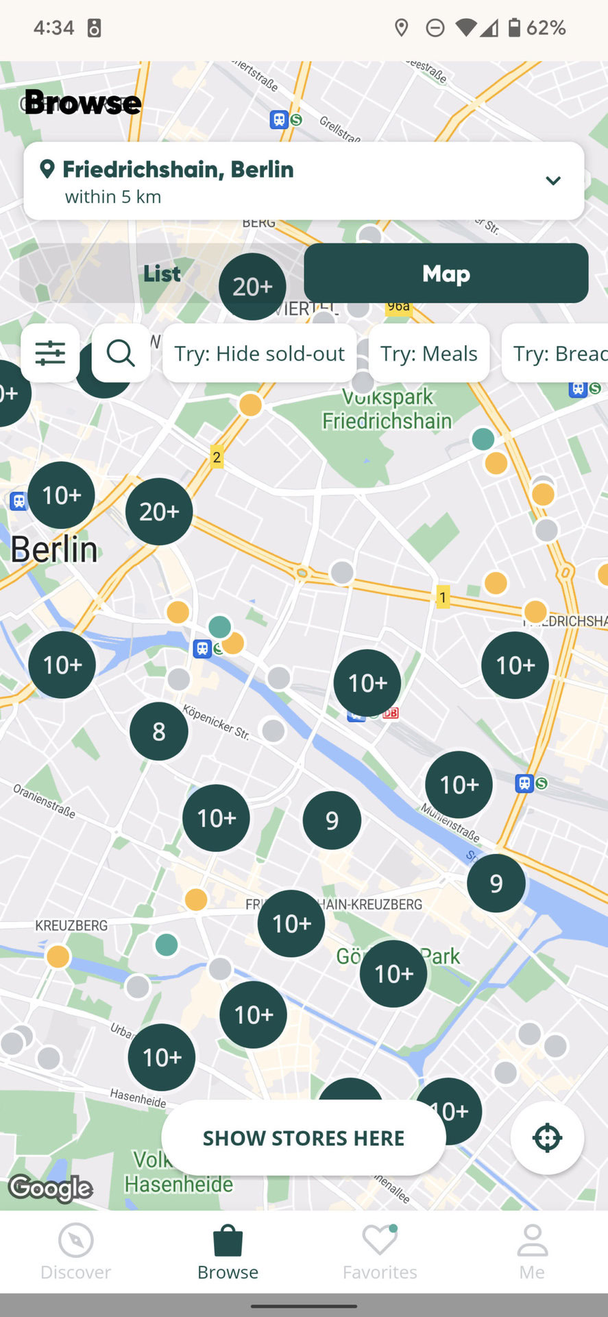 too good to go app showing map pf venues.