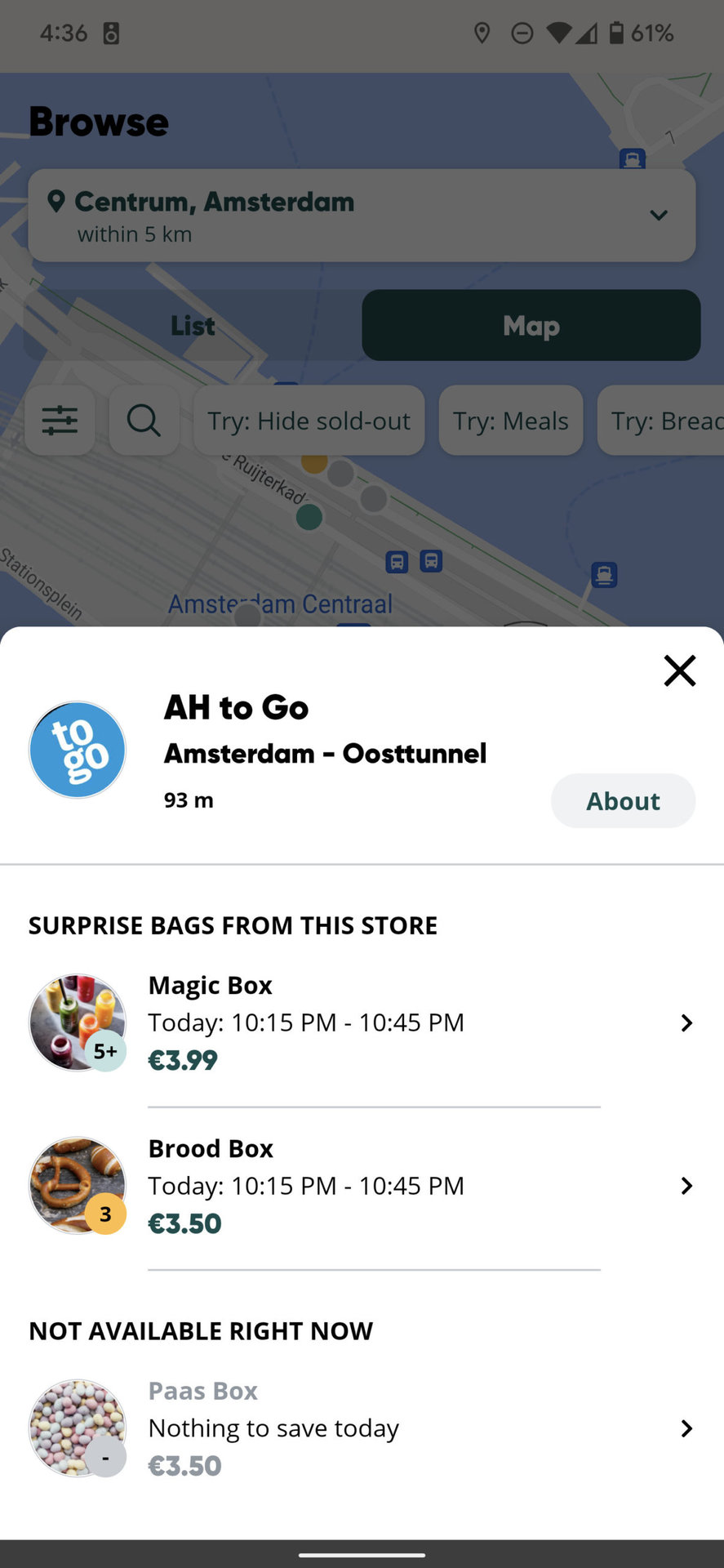 too good to go app showing available food