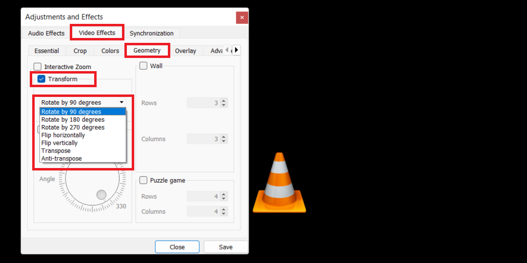 vlc media player transform options