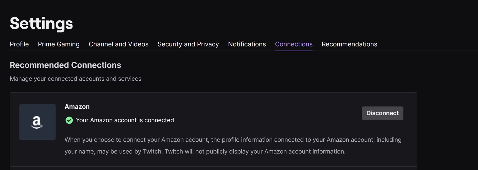 Unlink amazon in twitch settings & connections tab