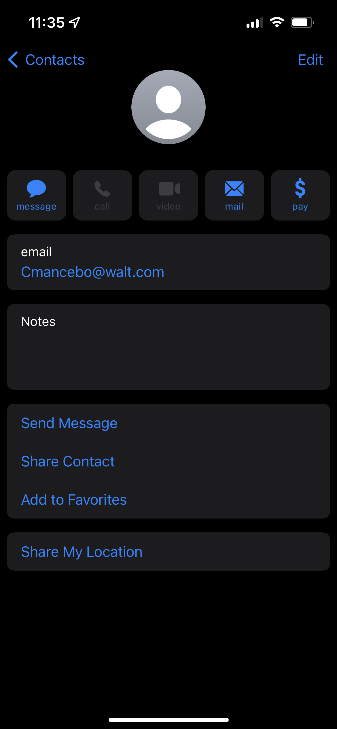 A contact in the iOS 15 Contacts app