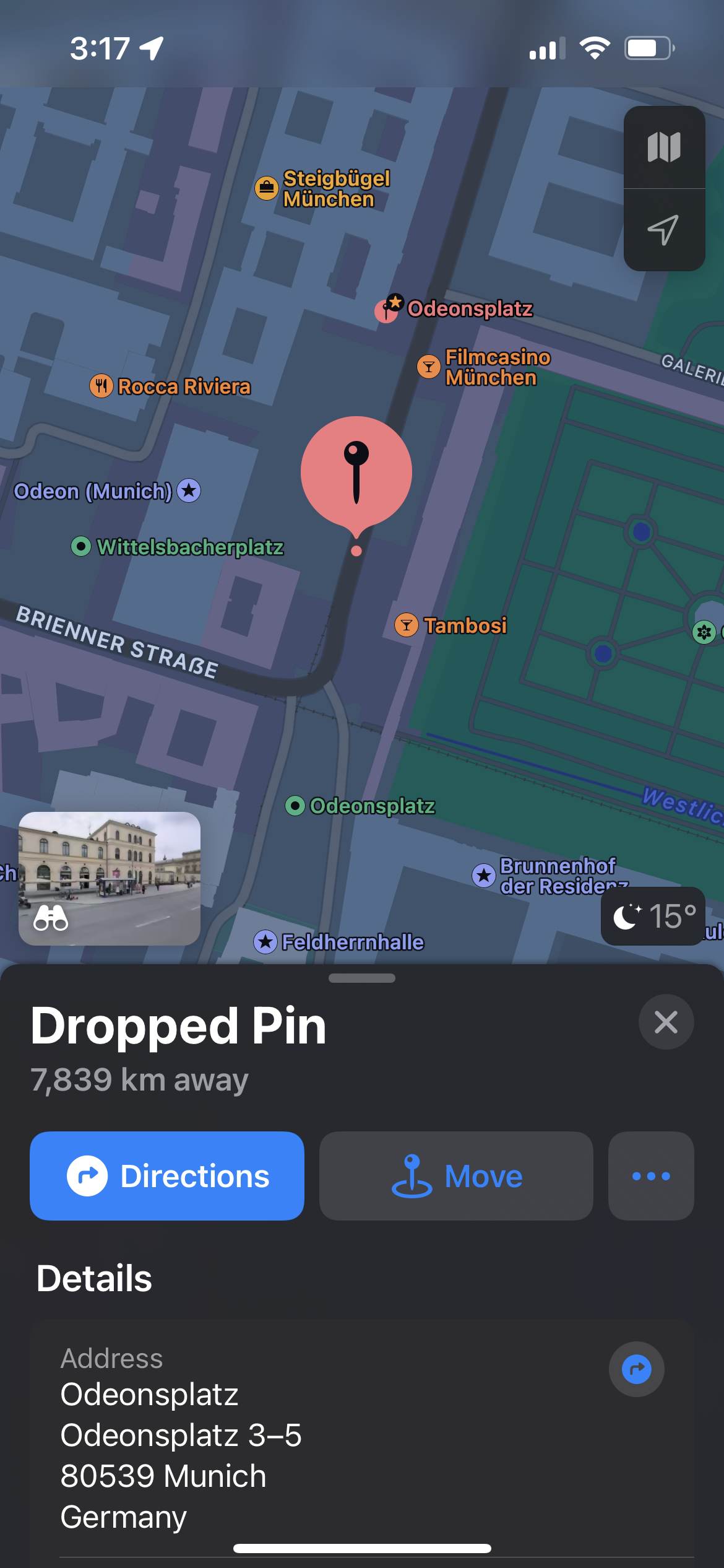 A dropped pin in Apple Maps