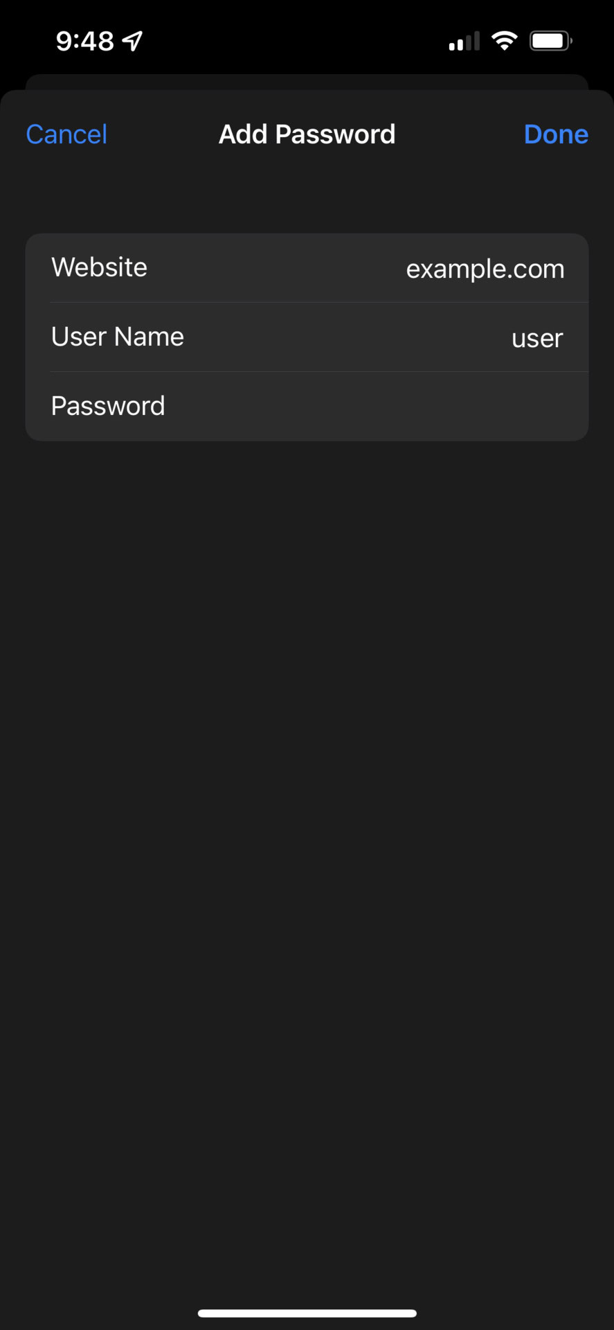 A sample manual password in iOS 15
