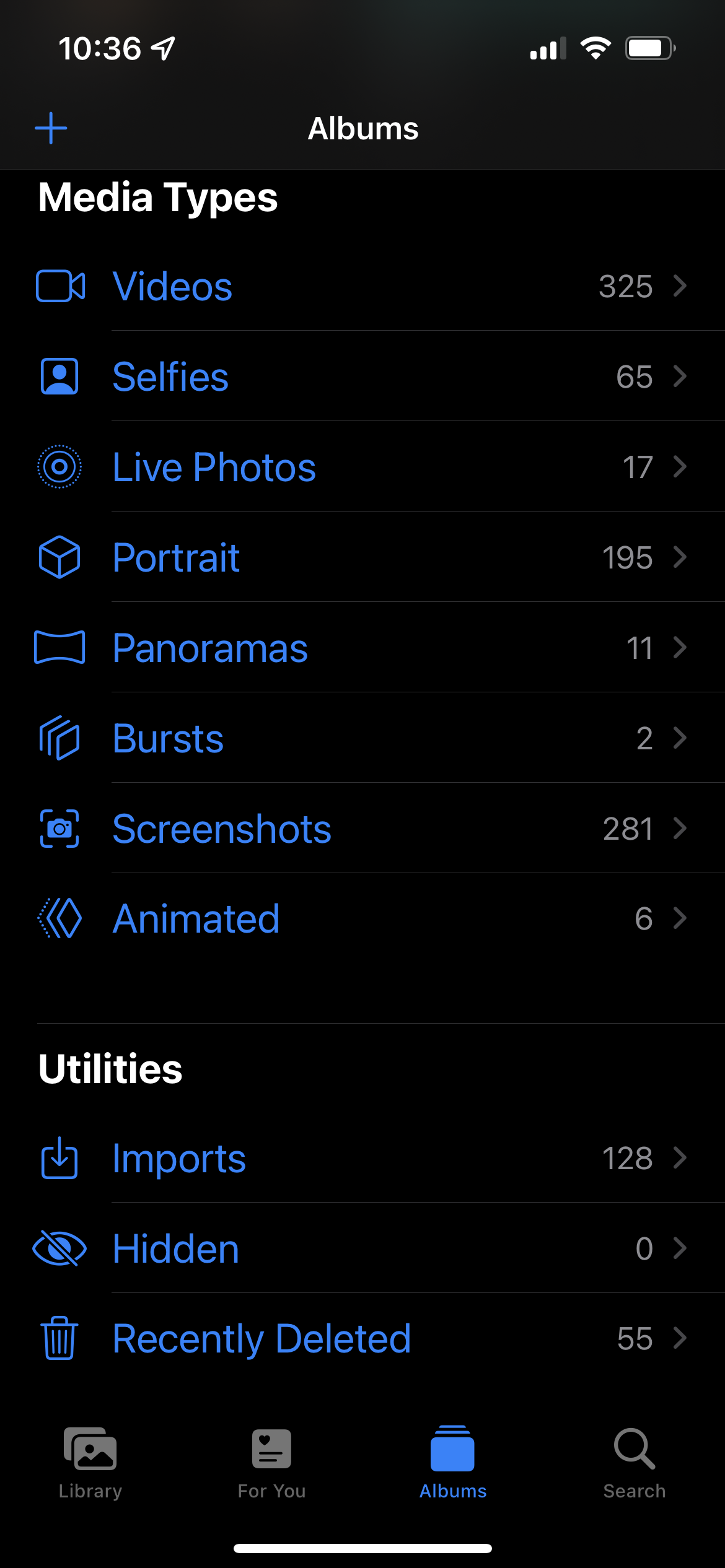 An album list in iOS 15 Photos