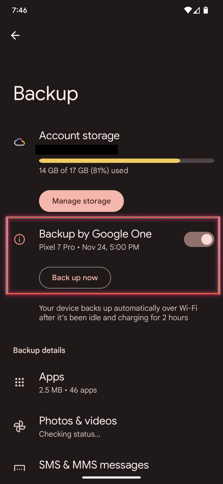 Back up Android 13 device using Google One 3