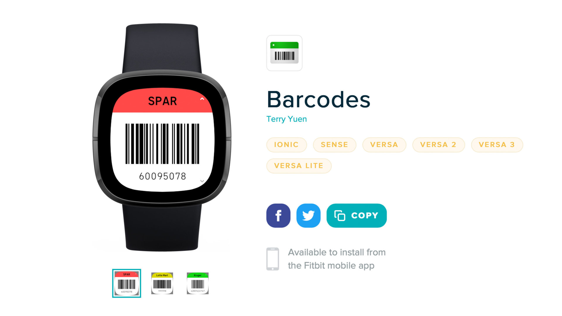 Information about the Barcodes app for Fitbit.
