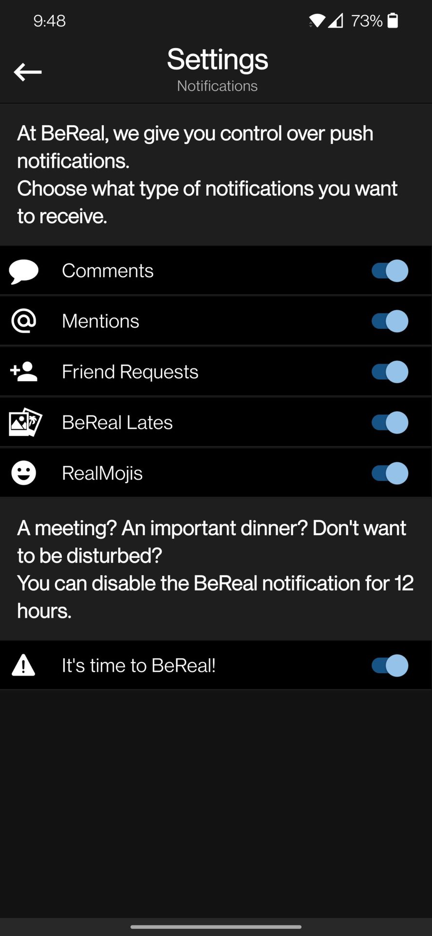 BeReal settings notifications