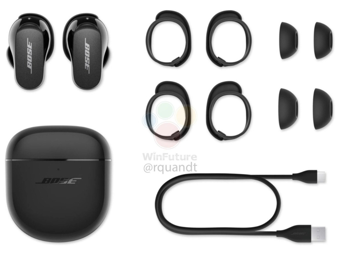 Bose QuietComfort Earbuds II earbuds case and accessories on white background