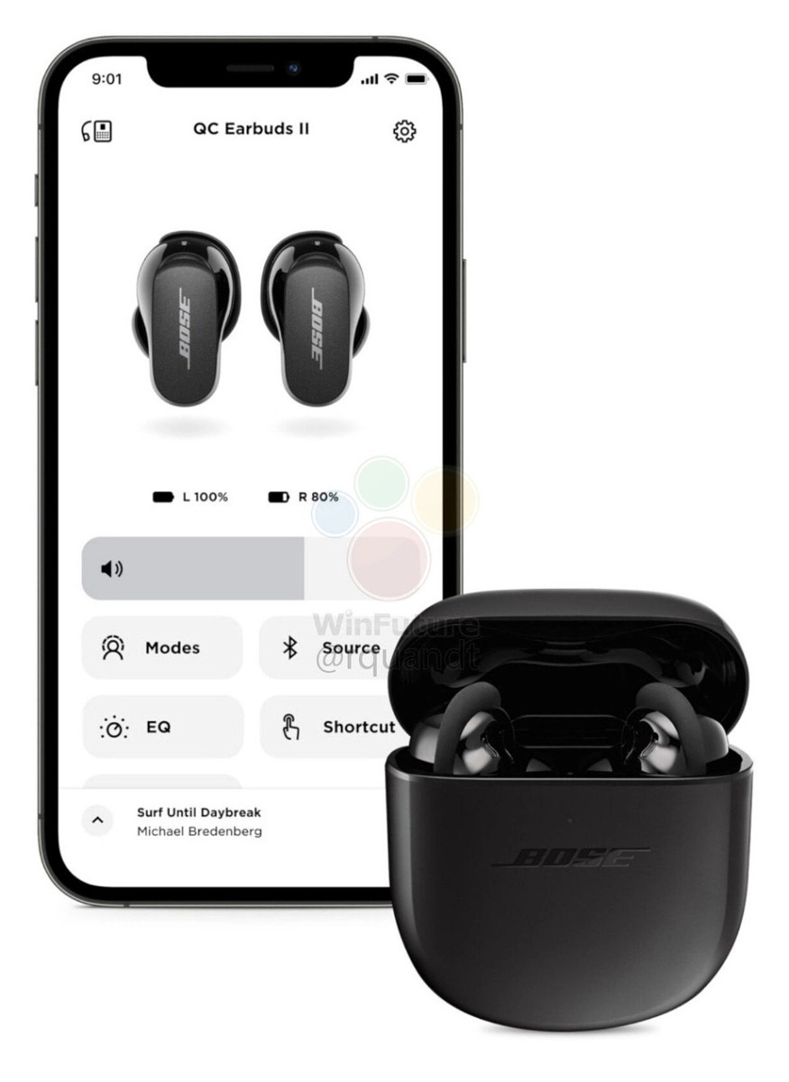 Bose QuietComfort Earbuds II next to iphone with Bose app on screen