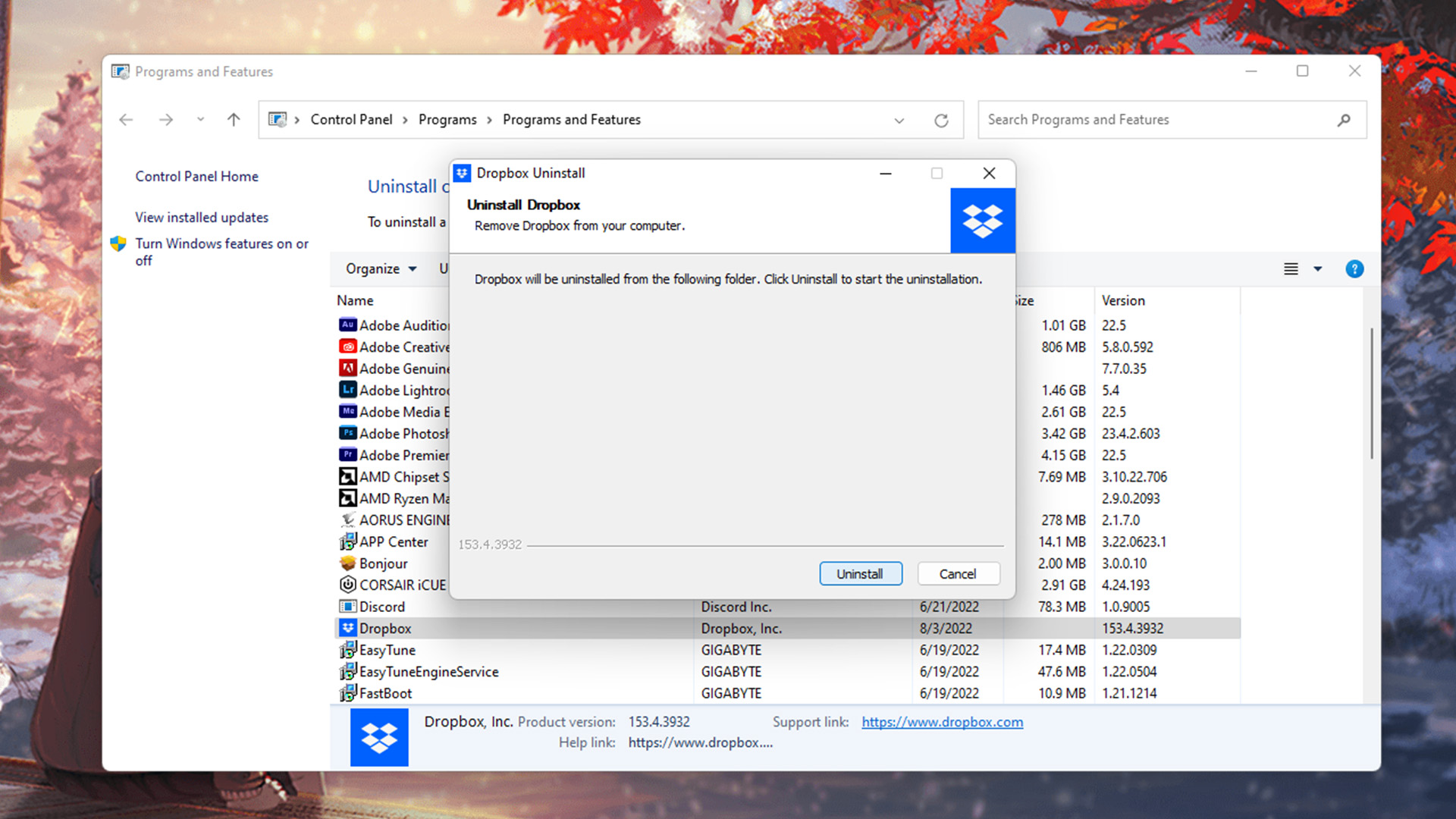Dropbox Uninstall Control Panel Windows 11