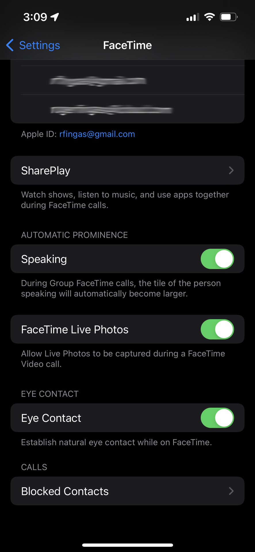 FaceTime settings in iOS 15