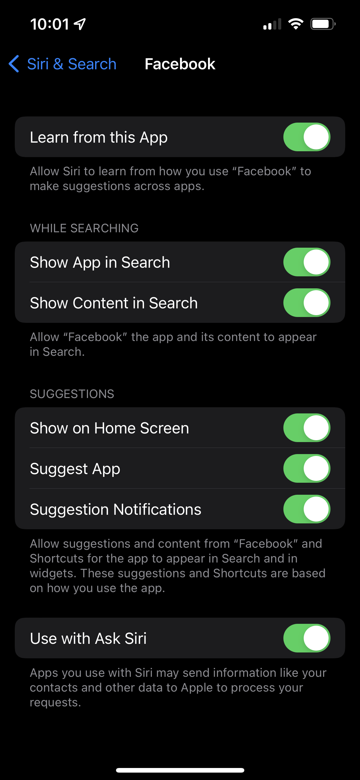 Facebook Siri and search settings