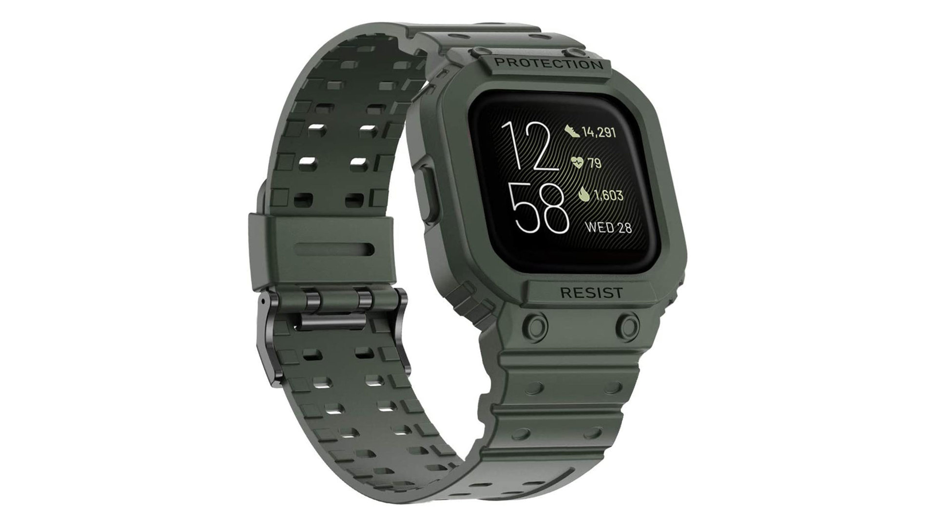 A rugged Fitbit Sense 2 replacement band, the Amband Protector Watchband is displayed in grayish green.