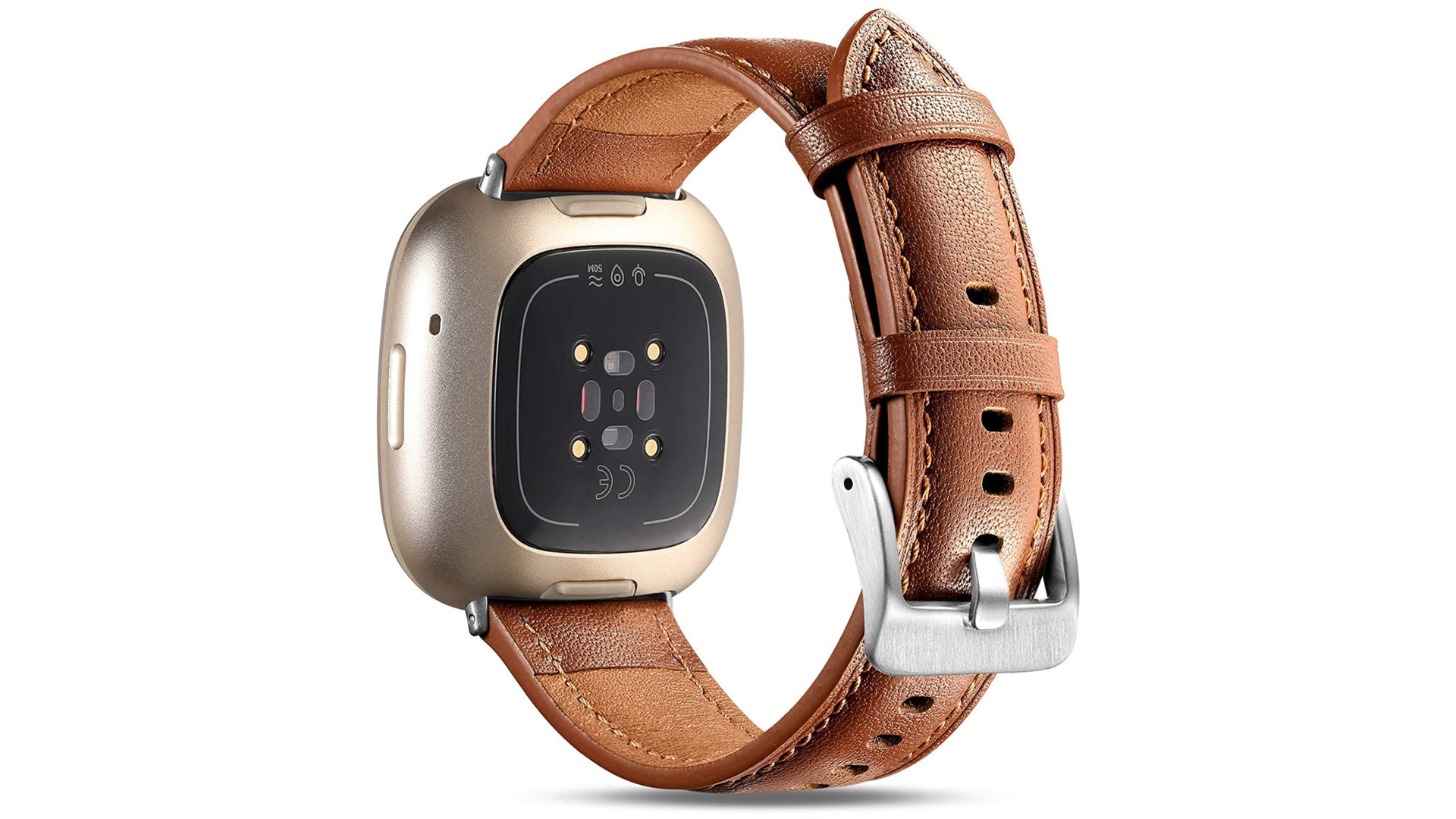 A Maledan leather band represents the best leather replacement band for a Fitbit Sense 2, in tan leather.