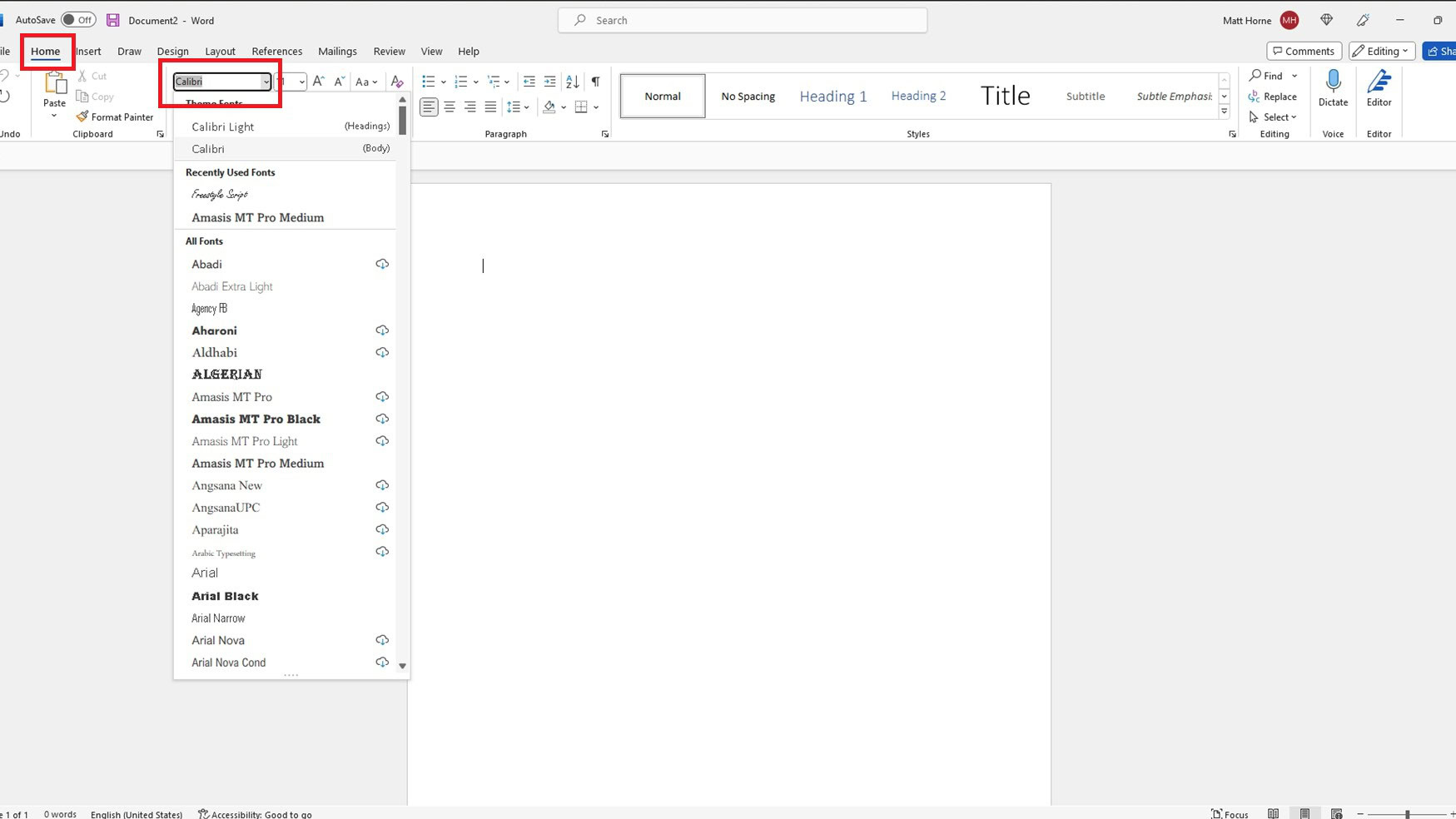 Font Drop Down Menu on Microsoft Word