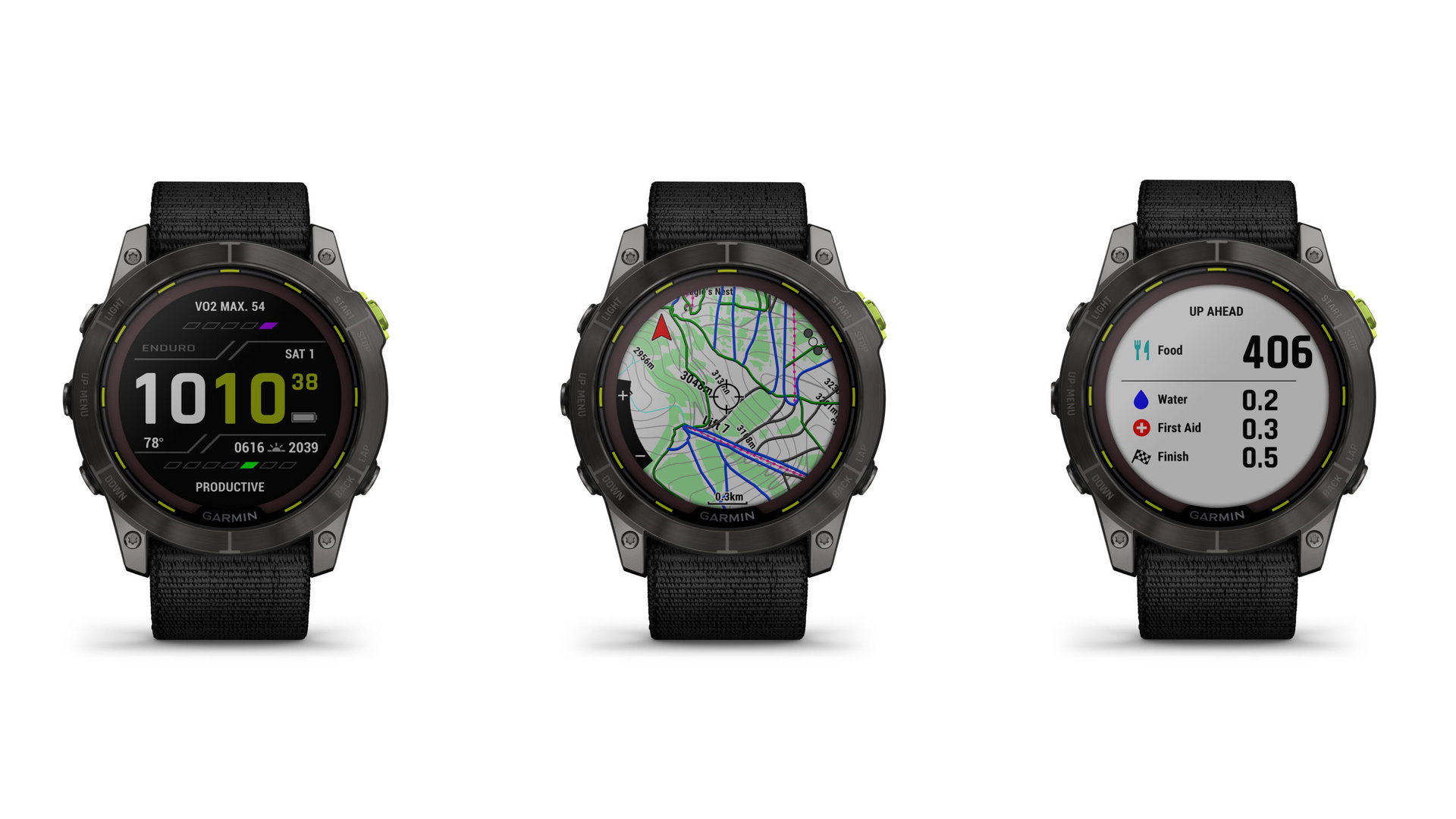 A set of Garmin Enduro 2 watches display a variety of device screens including race day and training tools.