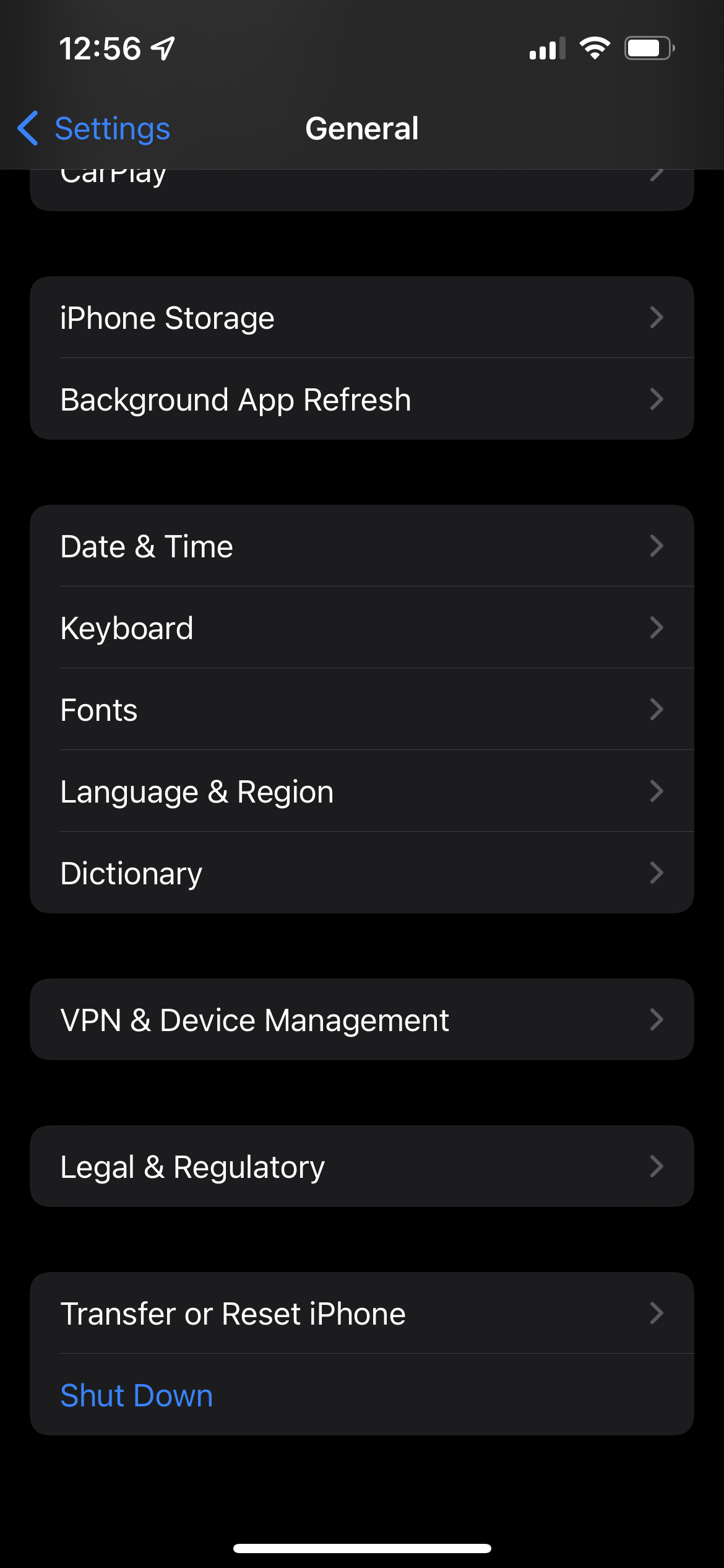 General settings options in iOS 15