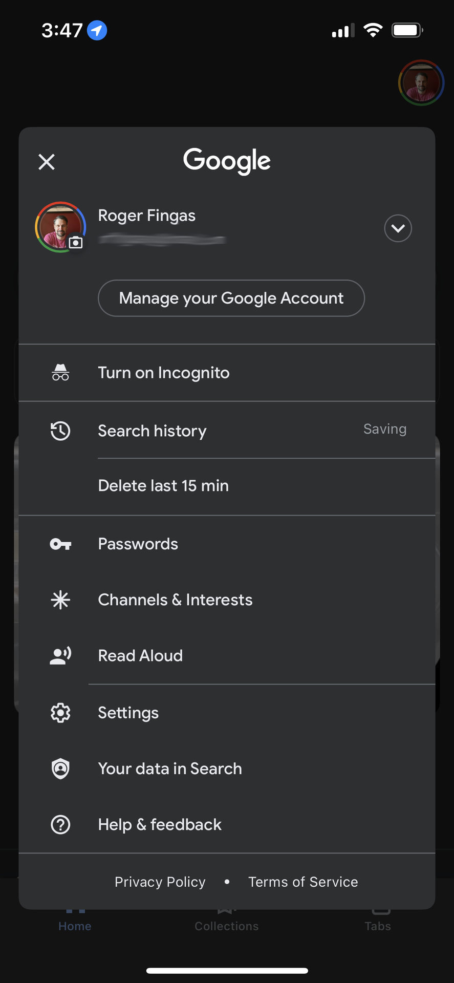 Google Search profile settings on iPhone