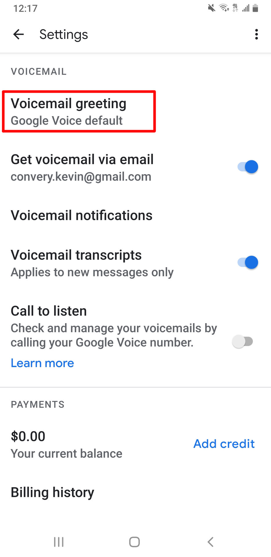 Google Voice Voicemail Greeting Button