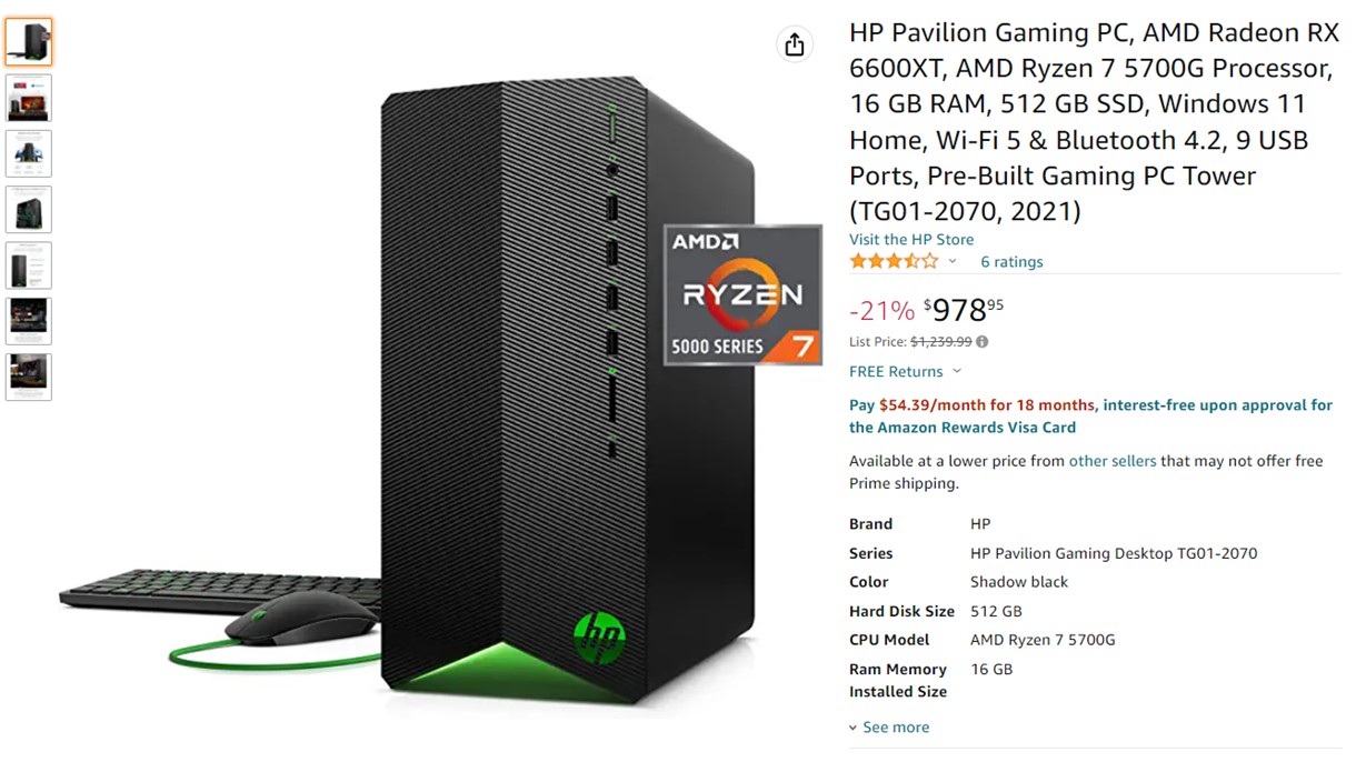 HP Pavilion Gaming PC 2021 Aamzon Deal