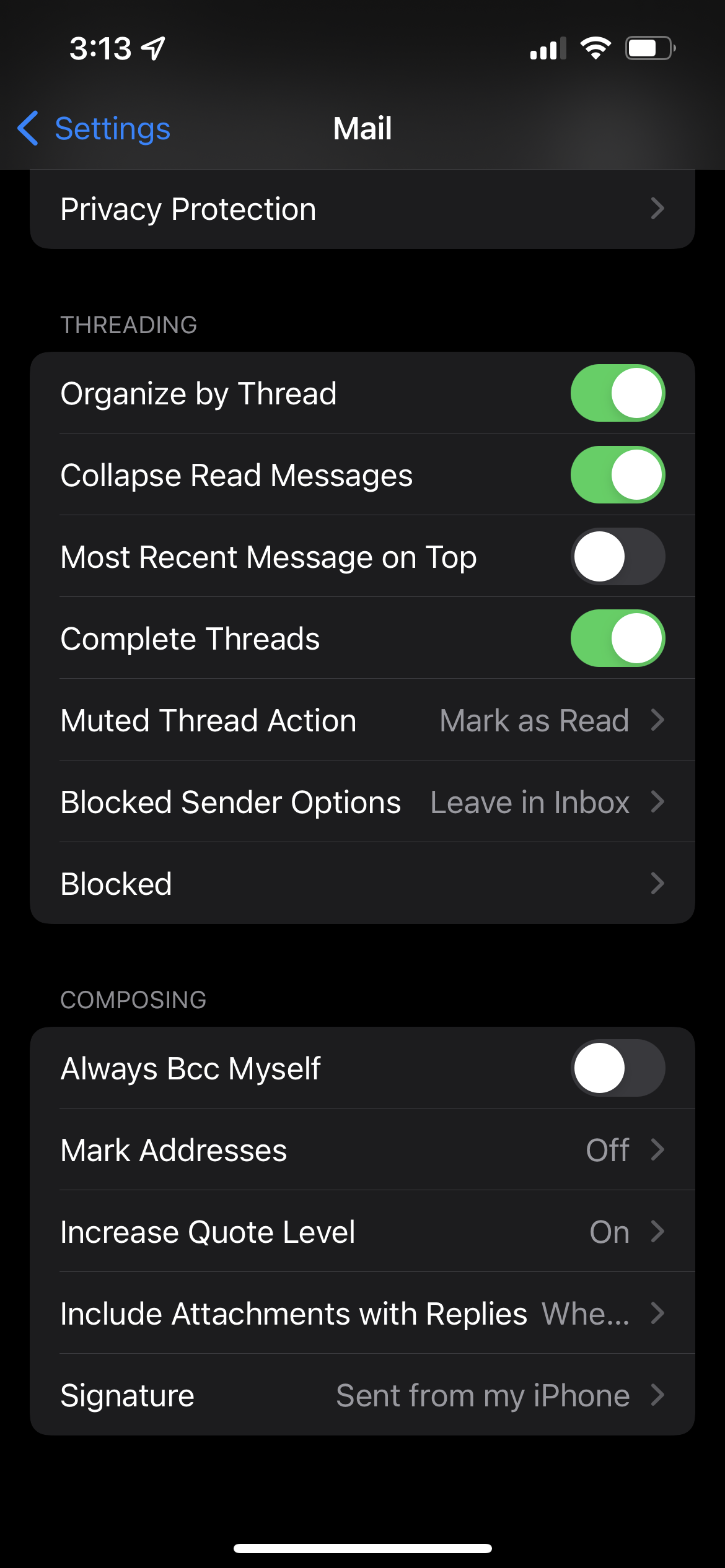 Mail settings in iOS 15
