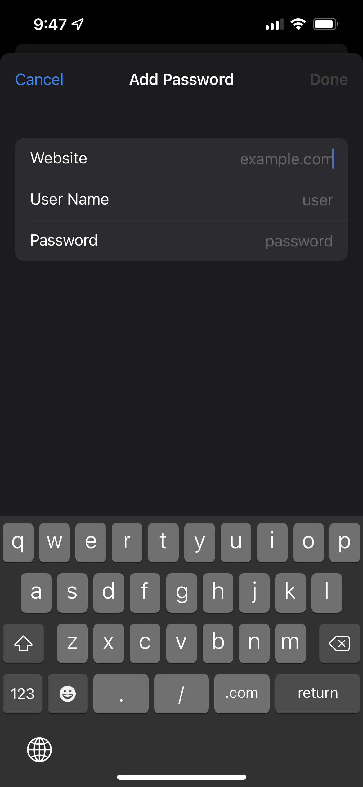 Manually adding a password in iOS 15
