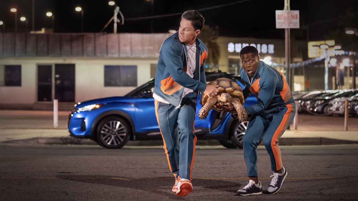 Mark Wahlberg and Kevin Hart hold a turtle in Me Time