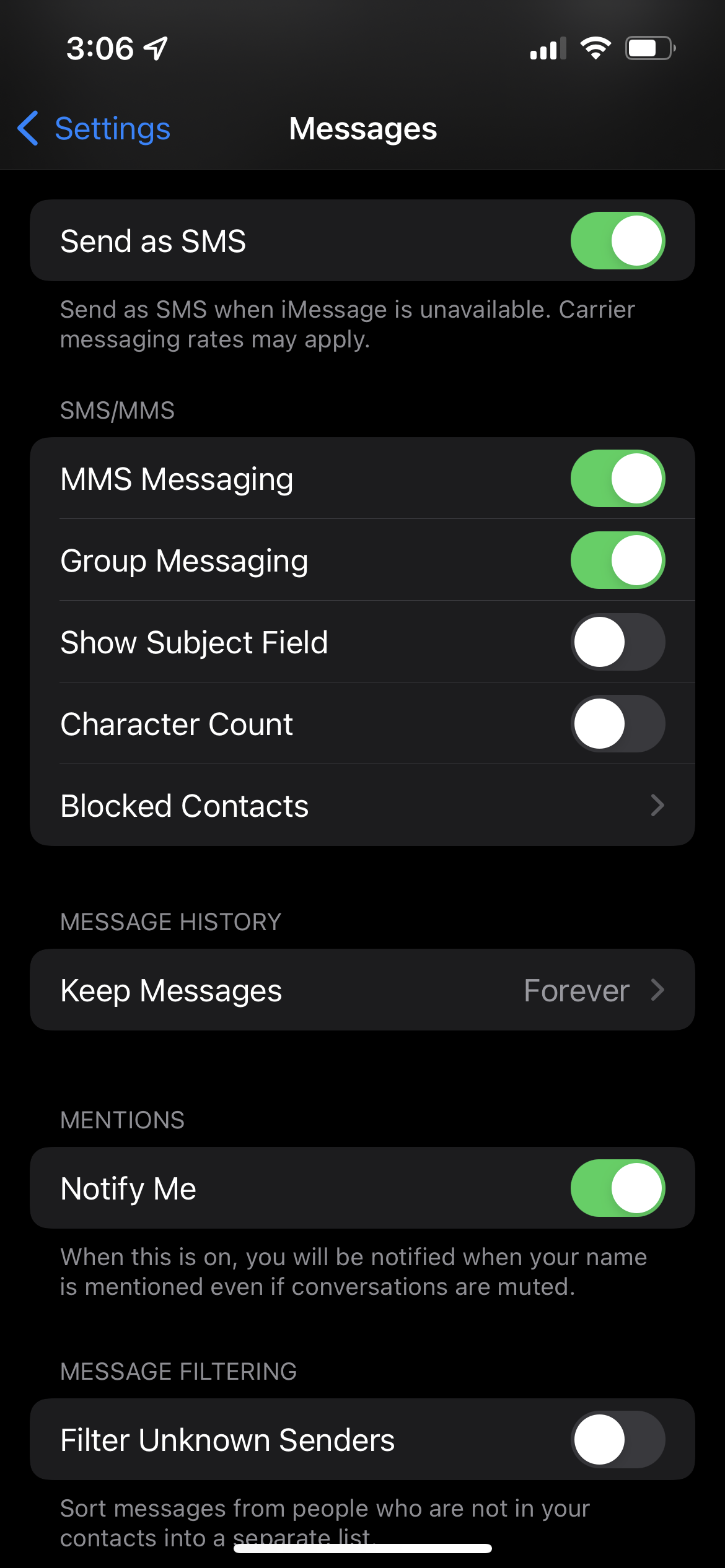 Messages settings in iOS 15