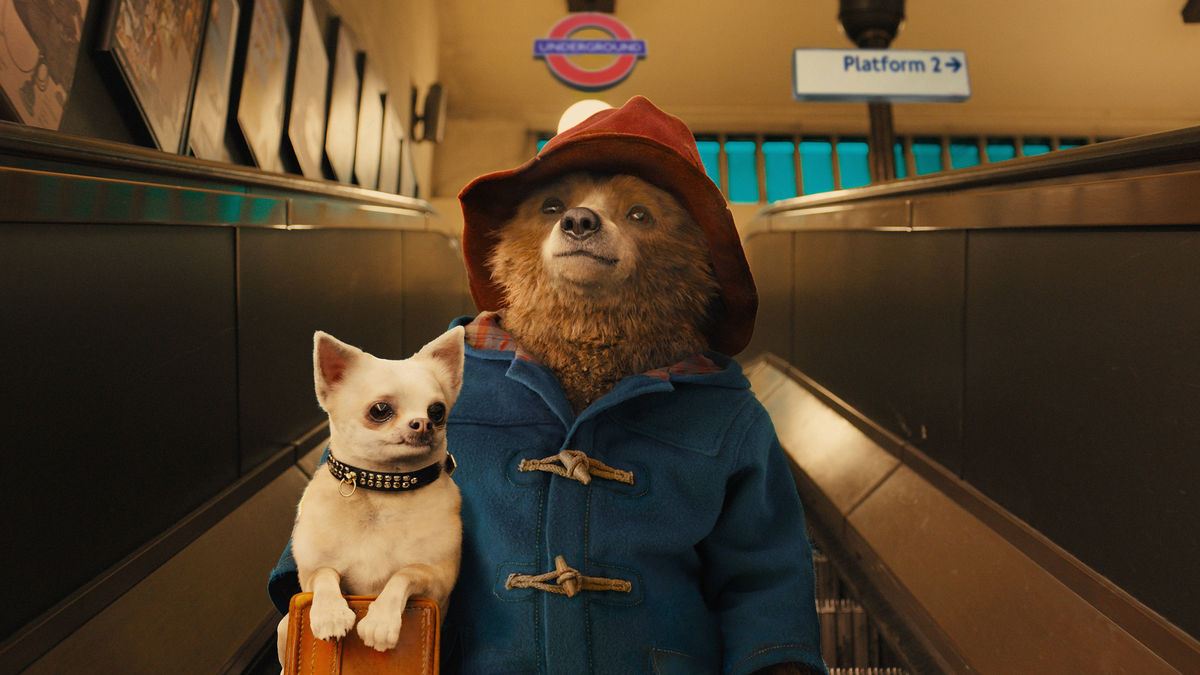 Paddington with a small dog in a train station - best feel-good movies on Netflix