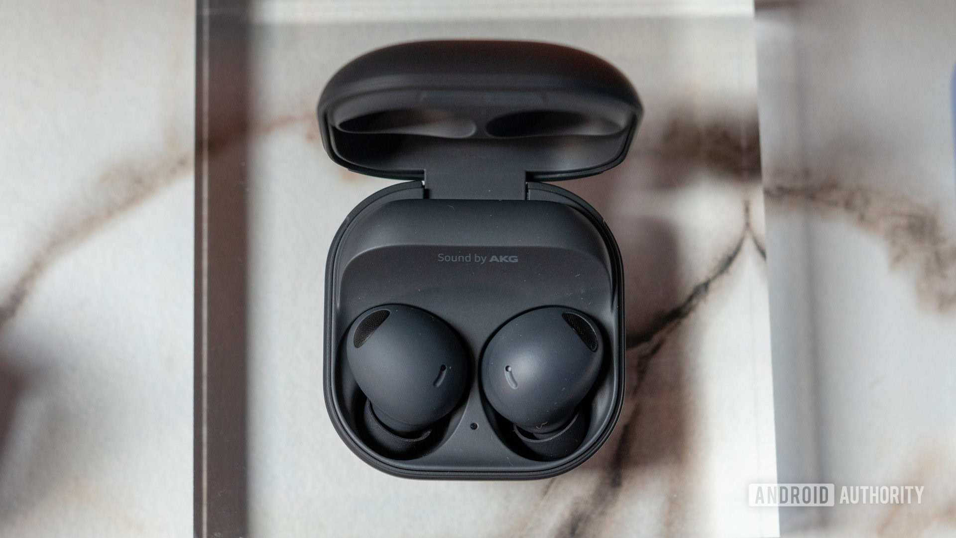 Samsung Galaxy Buds 2 Pro in graphite black color in charging case from above 1