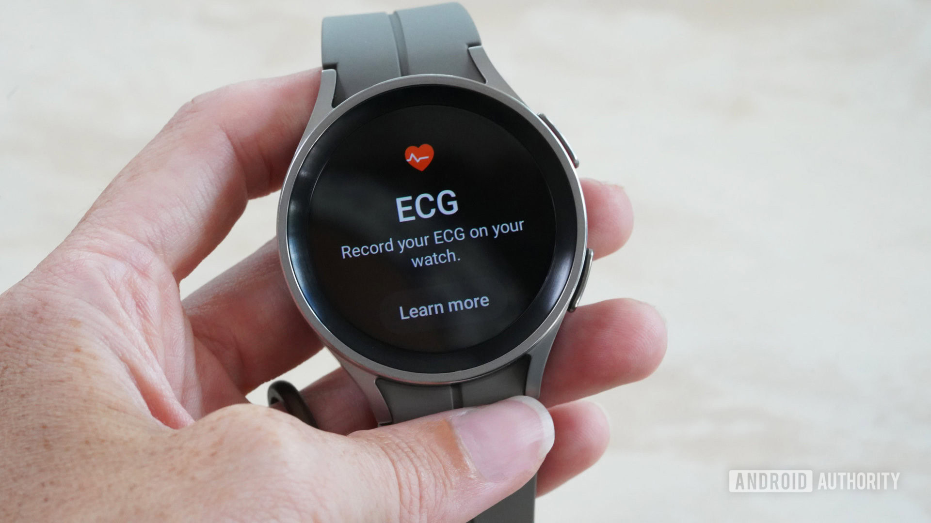 A Samsung Galaxy Watch 5 Pro features an ECG screen.