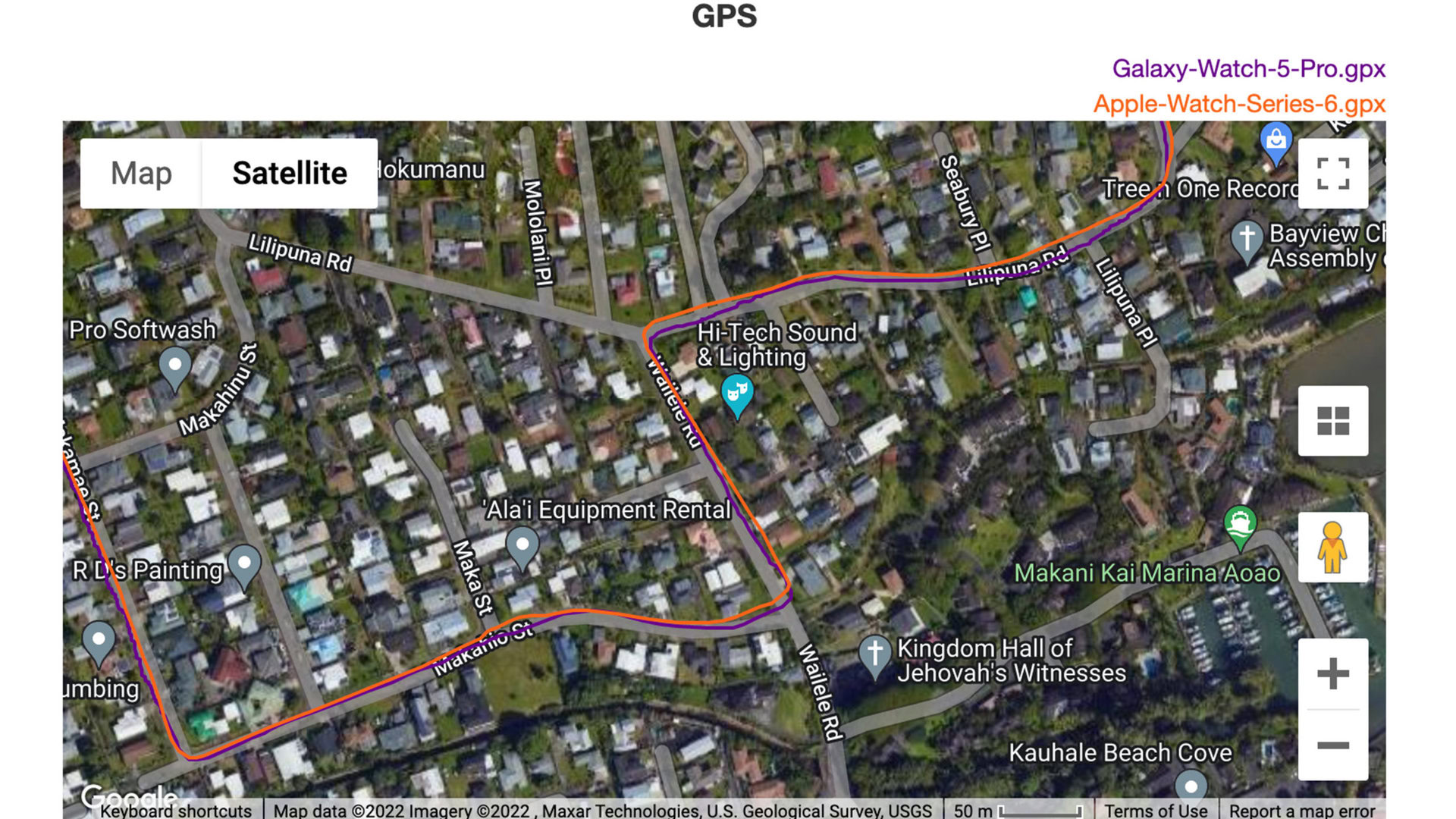 A satellite view of GPS data shows the Samsung Galaxy Watch 5 Pro GPS deviating slightly from that of the Apple Watch Series 6.